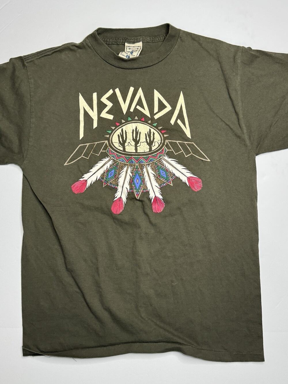 Vintage 90s Nevada Graphic T Shirt Men’s Large Made USA Cactus Feather Olive